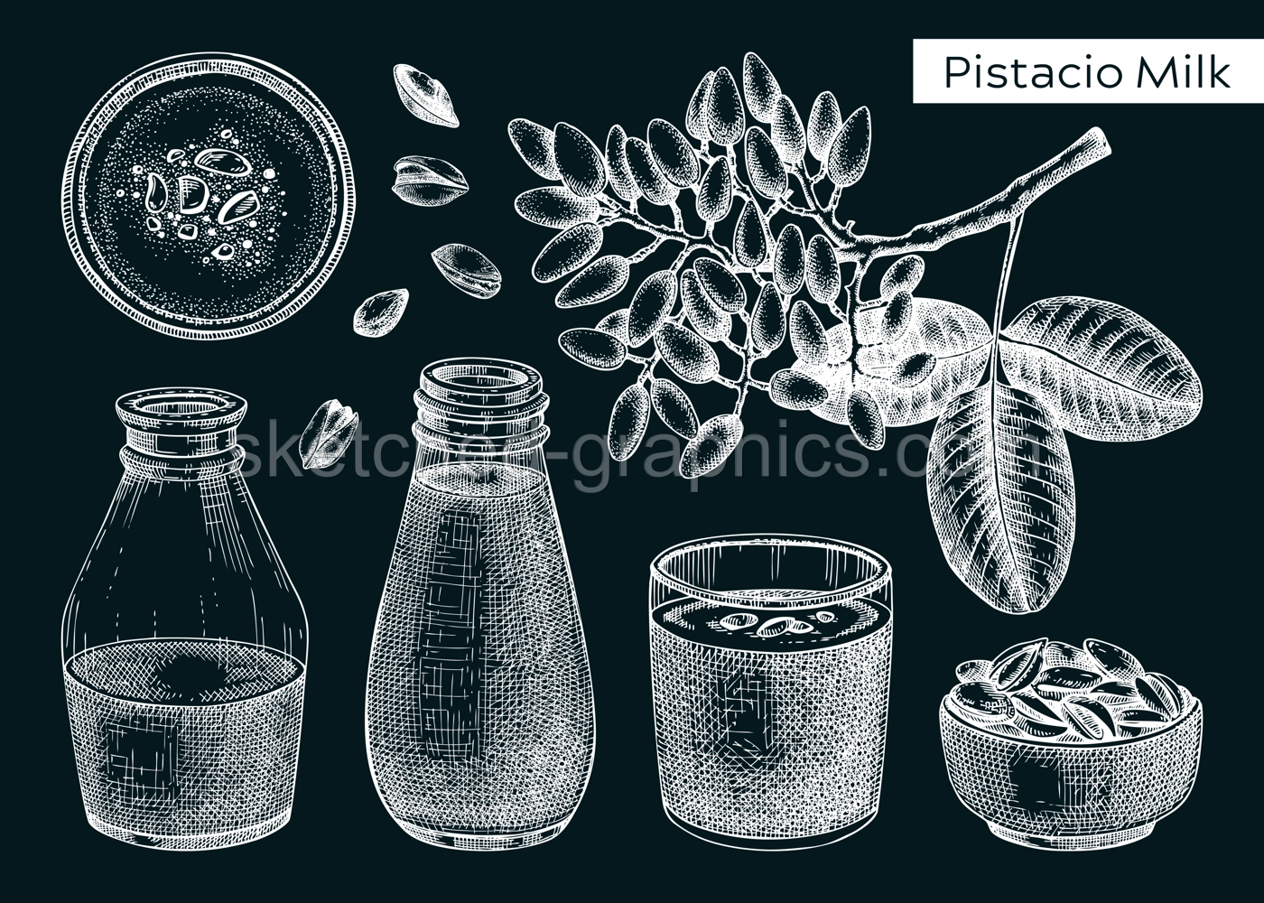 Pistachio milk sketches set. Organic dairy protein products for vegetarians on chalkboard. Vector illustrations of pistachio plant branch, nuts in bowls, milk in glass bottles. Healthy food and drinks Illustration